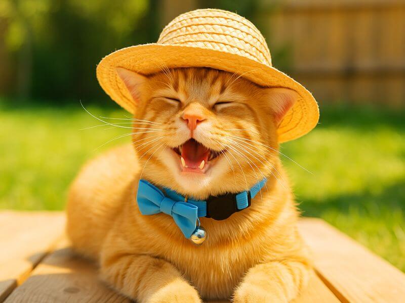 Smiling ginger cat wearing a straw hat and blue bow tie collar with bell, perfect summer accessory for stylish cats.